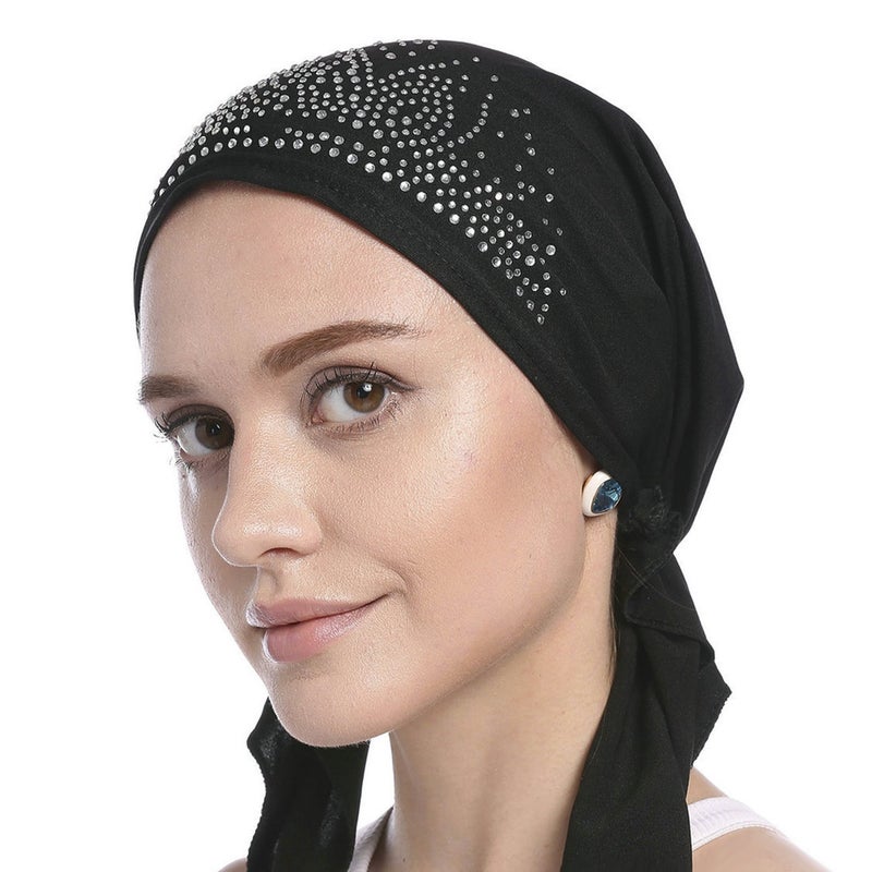 IPENNY Crystal Chemo Hat Woman's Stretchy Beanie Bandana Turban Cap Skull Cap Head Wrap Headscarf for Cancer,Alopecia Hair Loss (1 Black+1 Gray) - Image 2